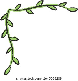 A vine with leaves forms a corner in a sketchy style. Curved branches and foliage create an angled border. Cartoon vector illustration.