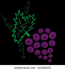 Vine with leaves and grapes pattern embroidery stitches imitation pattern. Vector embroidery effect  for collar shirts, neck line, blouses, clothes and textile.