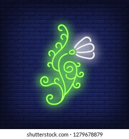 Vine neon sign. Creeper with white flower on brick wall background. Vector illustration in neon style for topics like spring, blooming, nature