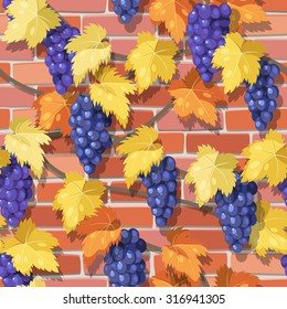 Vine on the brick wall seamless vector background