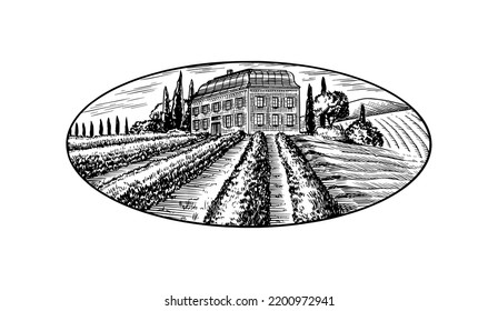 Vine plantation for bottle labels. Scenic view of French or Italian engraved landscape. Mountains Rural Fields Wheat Hills. Hand drawn vintage sketch for alcohol, whiskey beer poster.