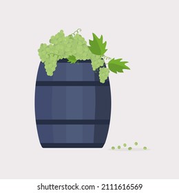 Vine with ripe berries in a barrel. Grape branch. The concept of winemaking, proper nutrition. Fresh, juicy fruits on a branch with leaves. Grapes isolated icon, Purple and green for design. Vector 