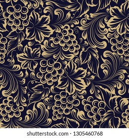 Vine seamless pattern for package design. Old style golden background with grape berries and leaves. Vector illustration.