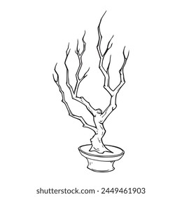Árbol de vid en una maceta dibujado a mano contorno ilustración signo. Detalle de dibujo de gráfico único de bifurcación antigua. Logotipo de dibujo simple de la pluma de la planta dañado. Signo de la naturaleza simple del tronco blanco y negro. Icono de planta de vid.