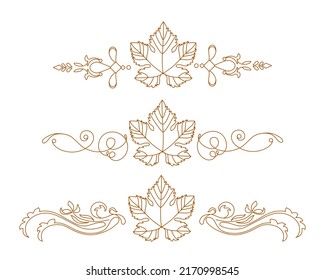 Vine. Vector illustration. Design elements with a twisting vine with leaves and berries. Drawing by hand in the style of line art. Horizontal gold monograms.