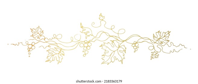 Vine. Vector illustration. Design elements with a twisting golden vine with leaves and berries. Drawing by hand in the style of line art. The frame is round with a vine.