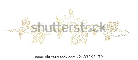 Vine. Vector illustration. Design elements with a twisting golden vine with leaves and berries. Drawing by hand in the style of line art. The frame is round with a vine.