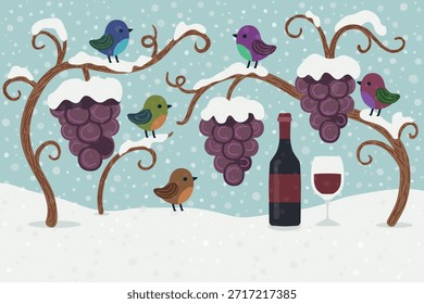 uvas para vinho, bagas de árvores encaracoladas, canto de pássaros, estilo vintage desenhado à mão, queda de neve no inverno, anúncios de testes de vinhos, arte vetorial