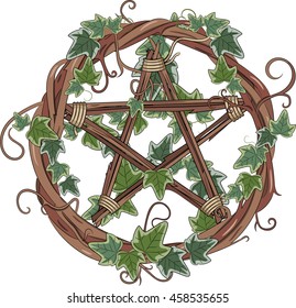 Vine wreath entwined with ivy and pentagram, isolated on white, vector illustration, eps-10