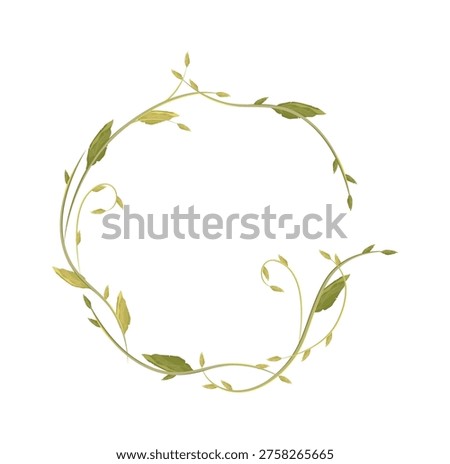 Vine wreath forming a circular frame with delicate leaves and curling tendril in watercolor style. Symbol of nature, growth, renewal, and organic elegance for branding or invite. Cartoon vector illustration.