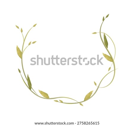 Vine wreath frame with delicate tendril curve and tender leaf sprout, forming an open oval border in clean line art. Symbol of growth, nature, wedding elegance, and organic purity. Cartoon vector illustration.