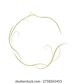 Vine wreath frame forming a delicate circular border with thin tendril swirl and airy negative space, drawn in line art. Symbol of nature, elegance, growth, and invitation for text. Cartoon vector illustration.