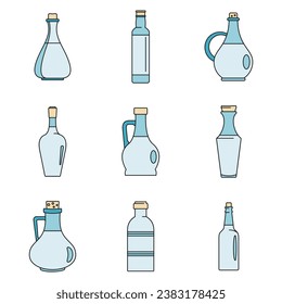 Vinegar Flasche Symbole Set. Kontur-Illustration von 9 Essig-Flaschen-Icons dünne Linie Farbe flach auf Weiß