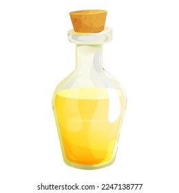 Vinegar in glass bottle with cork in cartoon style isolated on white background. Apple, wine liquid, dressing.