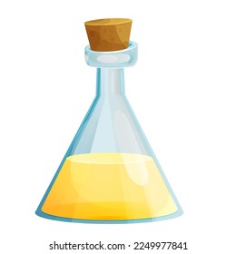 Vinegar in glass bottle with cork in cartoon style isolated on white background. Apple, wine liquid, dressing.