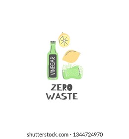 Vinegar, lemon, natural soap. Organic cleaner. Eco friendly. Zero waste lifestyle. Save planet. Care of nature. Vegan. No plastic. Go green. Refuse, reduce, reuse, recycle, rot. Vector illustration