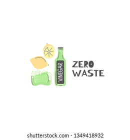 Vinegar, lemon, natural soap. Organic cleaner. Eco friendly. Zero waste lifestyle. Save planet. Care of nature. Vegan. No plastic. Go green. Refuse, reduce, reuse, recycle, rot. Vector illustration