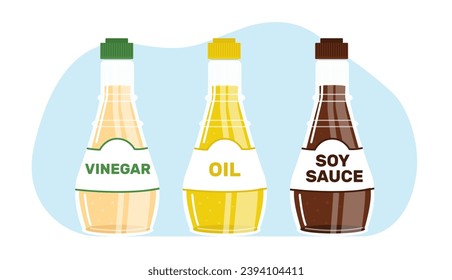 Essig-, Öl- und Sojaflaschen. Sauce, Konditorei und Dressing für die Küche. Plastik- und Glasverpackung. Zutaten zum Kochen, Salatdressing. Cartoon-Flach-Vektor-Konzept