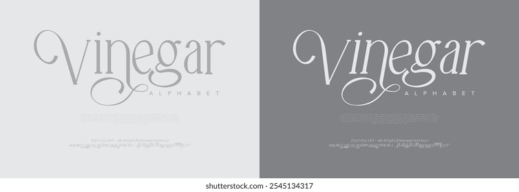 Vinegar typography beauty fashion elegant minimalist serif italic fonts decorative wedding vintage retro logos. Minimal luxury font alphabet logo. Vector illustration