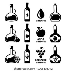 Vinegar vector icon set - apple cider vinegar and balsamic vinegar design in bottles, food, cooking, healthy food ingredient - vinegar black icon collection, with apple and grapes, different types of 