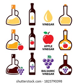 Vinegar vector icon set - apple cider vinegar and balsamic vinegar color design, healthy food concept. Food, cooking, heatlhy food ingredient - vinegar icon collection, with apple and grapes