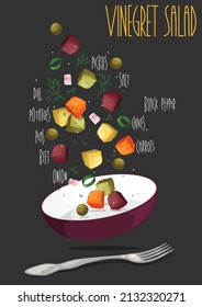 Vinegret, traditional Russian beet salad and vegetables. Vector illustration