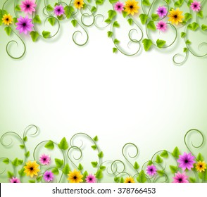 Vines Background for Spring Season with Realistic Colorful Flowers and Leaves with Space for text. Vector Illustration
