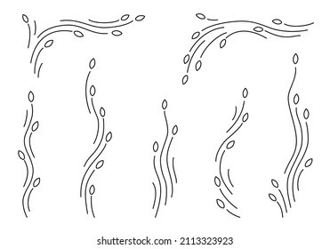 Vines collection isolated on white background. Line art style. Stylized beautiful plants silhouette for logo, eco design, organic decor, embroidery, border or other use. Vector illustration. Set.