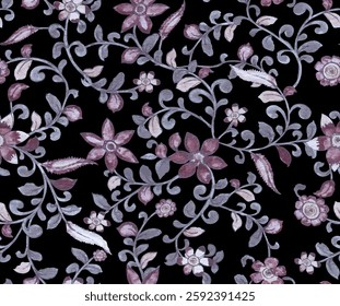  The vines contain a textured, leaf-like detail along their length, giving a sense of foliage intertwined with the blossoms Leaves are various shades of gray and pale purple. 