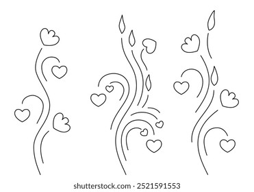 Vines with flowers, hearts and leaves isolated on white background. Stylized floral elements for St. Valentines day, wadding decoration, greeting card, birthday or other. Vector set. Not AI created.