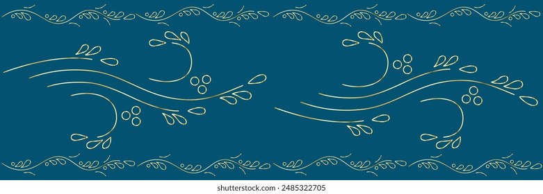 Borde sin costuras de viñas y uvas con fondo turquesa y textura dorada. Borde estilizado floral para el diseño de botellas de vino, lista de vinos, menú, etiqueta, paquete, etc. Ilustración vectorial. No se creó IA.