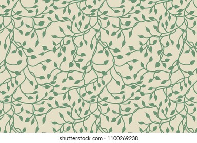 vines and ivy background with climbing leaves in green on a pastel beige or yellow background in a pretty charming random pattern design