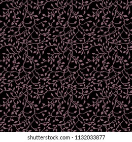 vines and ivy background vector with climbing leaves in purple pink on a dark black background in a pretty charming random pattern design