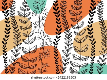 Vines leaf motif wallpaper with orange  green and blue backgrounds