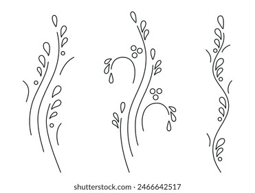 Vines and leaves universal collection isolated on white background. Stylized vertical plants and shoots silhouette for border, interior design, card or other using. Vector illustration. Not AI created