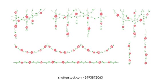 Vines with red flowers hanging vine curtain design, botanical elements vector illustration set