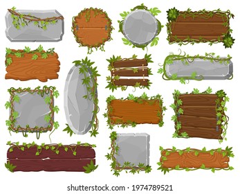 Vines wooden and stone boards. Tropical wild rainforest stone, wood boards with lianas and green leaves vector illustration set. Jungle sign boards. Signboard wooden board, leaf and foliage liana