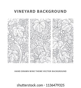 Vineyard background. Grape, vine and leafs illustration.
Wine theme hand drawn illustration. Vineyard engraving style sketch drawing.