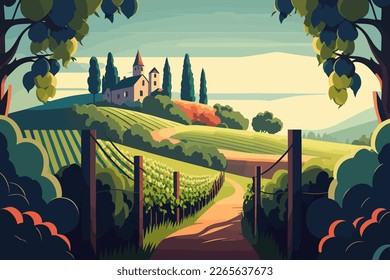 Vineyard, beautiful view from the hill, 2d vector drawing illustration