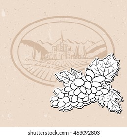 Vineyard and Bunch of Grapes, Background Design Hand drawn Vector Artwork