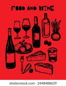 Vineyard Collection Handcrafted Illustrations of Bottles, Food, and Wine Glasses, Perfect for Decor and Marketing and Menus