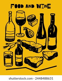 Vineyard Collection Handcrafted Illustrations of Bottles, Food, and Wine Glasses, Perfect for Decor and Marketing and Menus