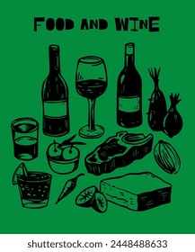 Vineyard Collection Handcrafted Illustrations of Bottles, Food, and Wine Glasses, Perfect for Decor and Marketing and Menus