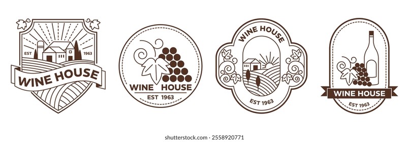 Vineyard emblems. Vintage wine house labels and winery badges with grape clusters, rolling vineyards and rustic farmhouse. Minimal line art vector templates set.