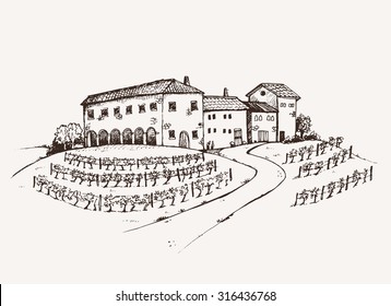 Vineyard estate hand drawn sketch, old italian traditional estate with large vineyard