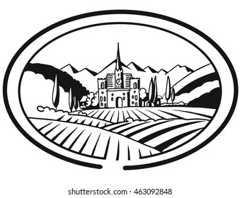 Vineyard Farm Cover Design for Bottle Labeling, Sketched Hand drawn Vector Artwork