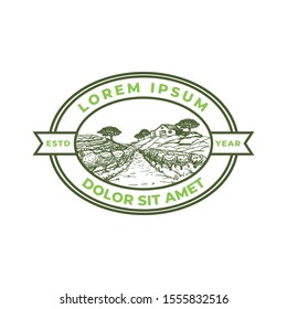 Vineyard with farm house - logo label hand drawn template