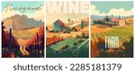 Vineyard farm landscape flat colors typography posters. Wine and grape. Vector illustration for social, banner or card.