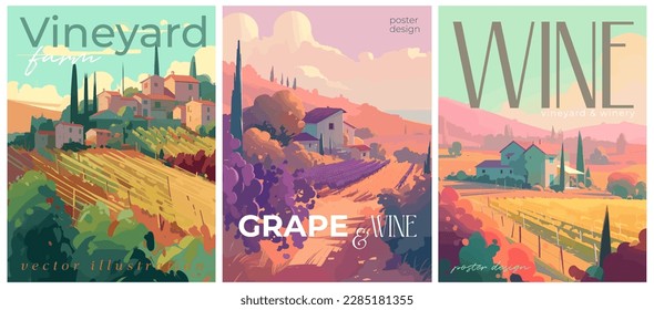 Vineyard farm landscape flat colors typography posters. Wine and grape. Vector illustration for social, banner or card.