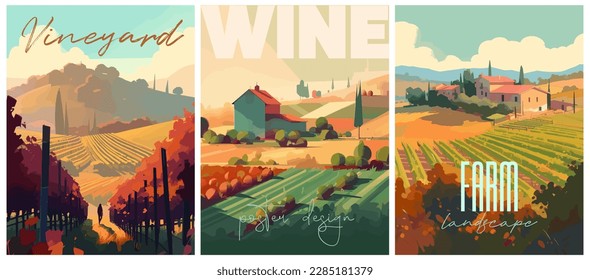 Afiches de tipografía de colores planos de paisaje vitícola. Vino y uva. Ilustración vectorial para social, banner o tarjeta.